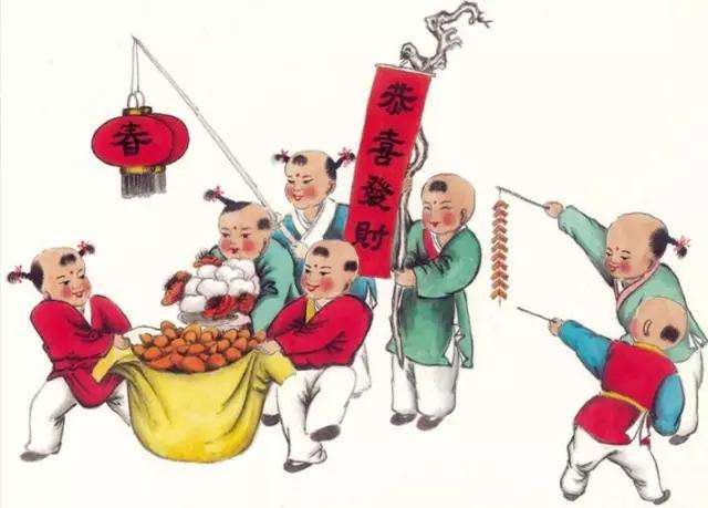 古代孩童欢快过春节的场景